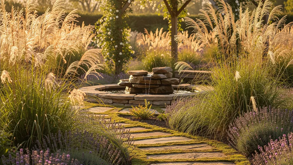 Jardín terapéutico con sendero de piedras, lavanda y fuente de agua rodeado de gramíneas altas