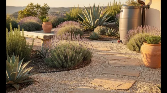 Jardín mediterráneo sostenible con sistema de captación de agua de lluvia visible