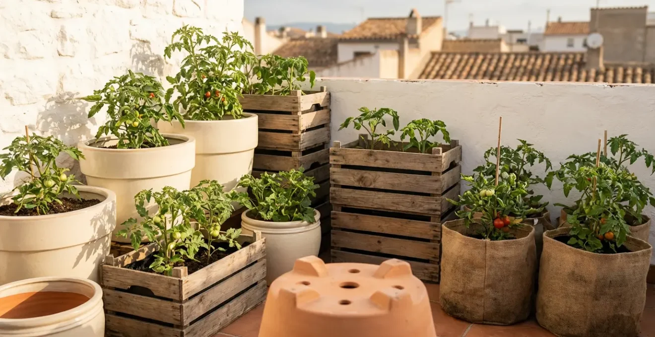 Jardinera de doble pared con tomateras en un balcón soleado