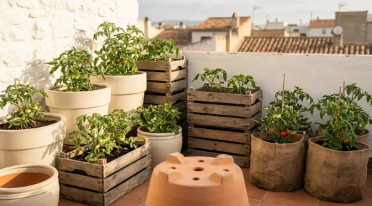 Jardinera de doble pared con tomateras en un balcón soleado