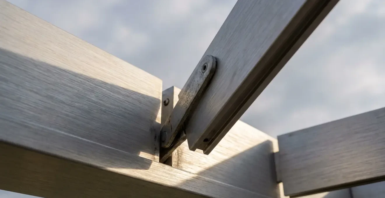 Detalle técnico de lamas orientables en pérgola bioclimática mostrando ángulos de apertura