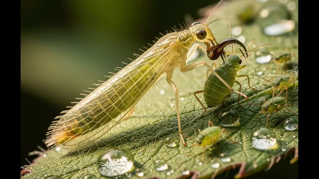Primer plano de larva de crisopa cazando pulgones en hoja de rosa