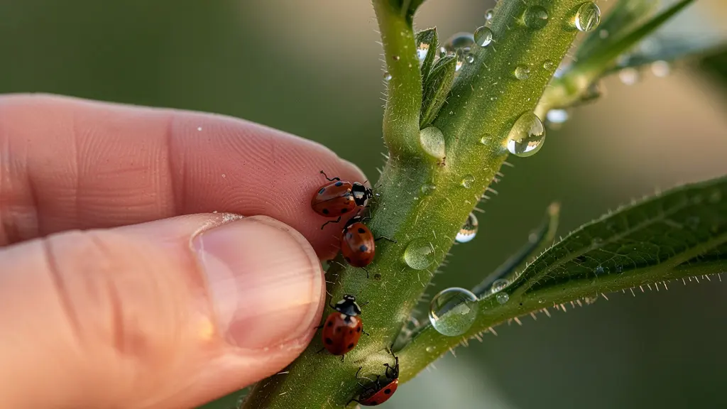 Manos liberando mariquitas en la base del tallo de una planta al atardecer