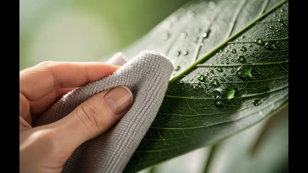 Detalle macro de limpieza de hoja de Monstera con paño de microfibra
