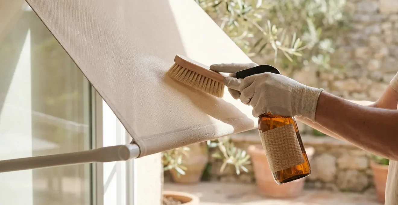 Persona limpiando cuidadosamente un toldo con productos naturales y cepillo suave