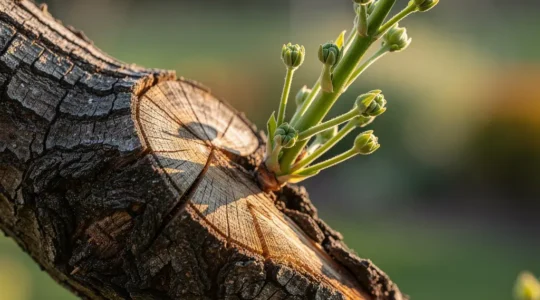 Primer plano de una rama mostrando el contraste entre madera vieja oscura y brotes verdes nuevos con yemas florales
