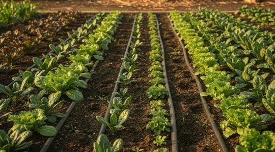 Sistema de riego por exudación en bancales de huerto densos con múltiples cultivos