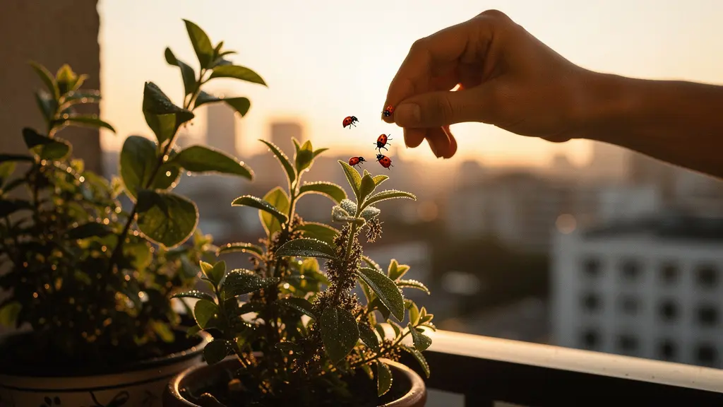 Mariquitas siendo liberadas en un balcón urbano al atardecer para controlar pulgones en las plantas