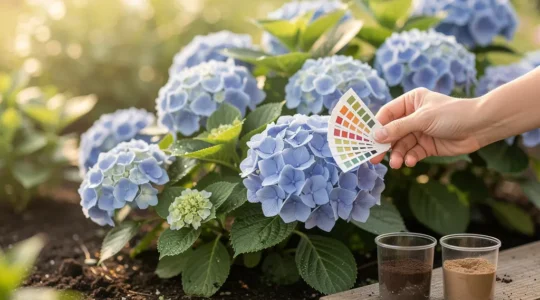 Medición del pH del suelo con kit de prueba junto a hortensias azules en jardín