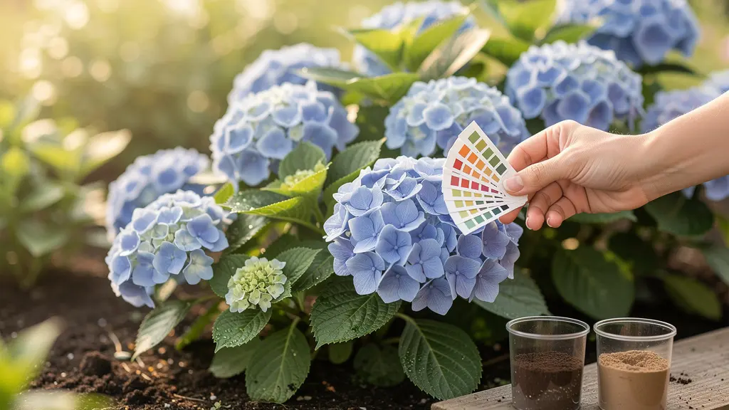 Medición del pH del suelo con kit de prueba junto a hortensias azules en jardín