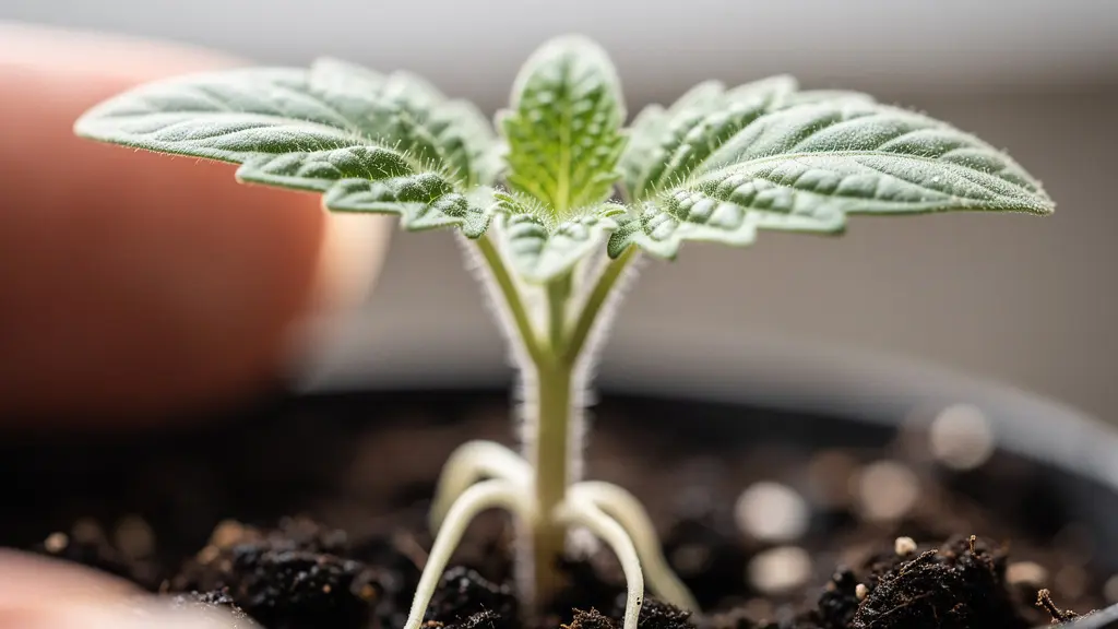 Plántula de tomate mostrando el segundo par de hojas verdaderas lista para trasplante
