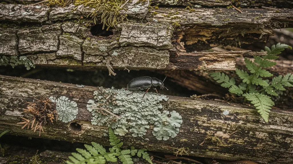 Montón artístico de troncos viejos creando refugio para fauna controladora de babosas