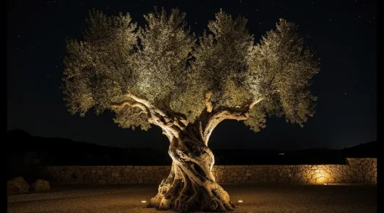 Olivo centenario iluminado dramáticamente de noche en jardín mediterráneo