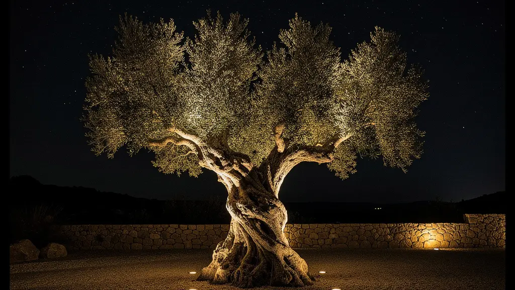 Olivo centenario iluminado dramáticamente de noche en jardín mediterráneo