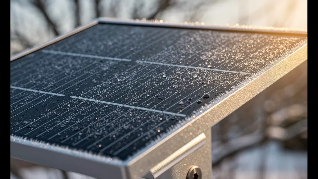 Panel solar de baliza de jardín inclinado a 55 grados orientado al sur, mostrando la trayectoria del sol invernal