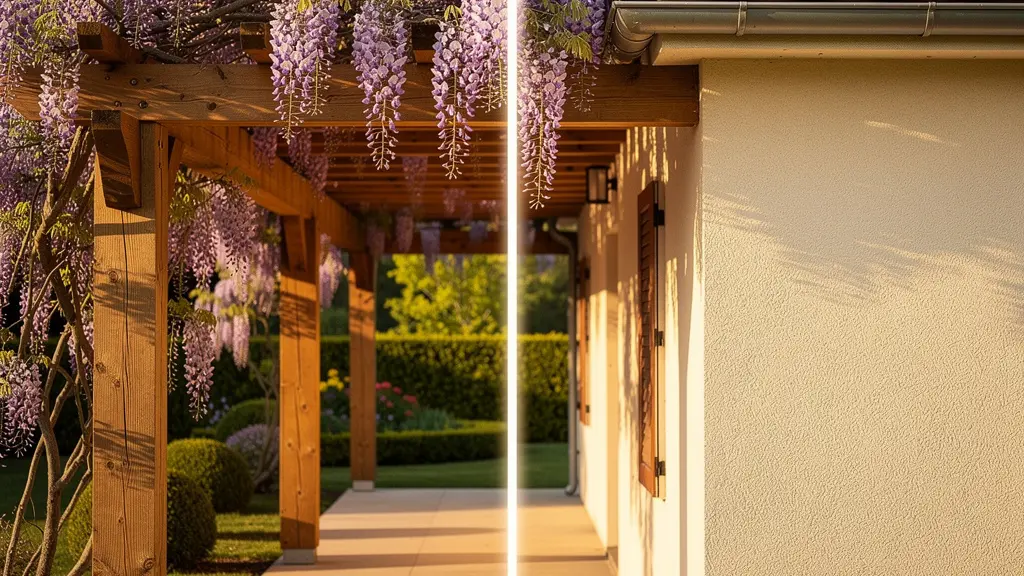 Vista lateral de pérgola autoportante con glicinia manteniendo distancia de seguridad con la casa
