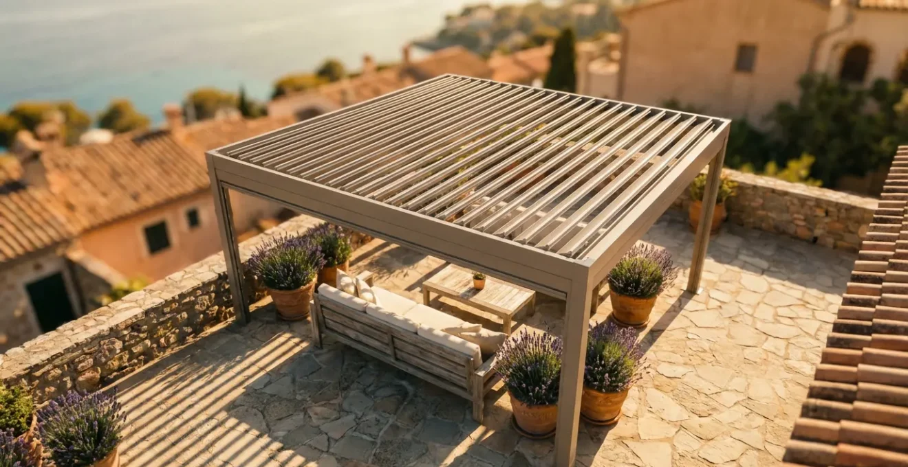 Pérgola bioclimática con lamas orientables en terraza mediterránea al atardecer