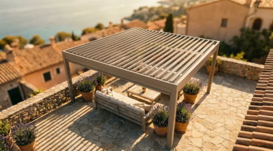 Pérgola bioclimática con lamas orientables en terraza mediterránea al atardecer