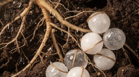 Vista macro de raíces de plantas entrelazadas con gránulos de fertilizante en suelo húmedo mostrando la absorción y pérdida de nutrientes