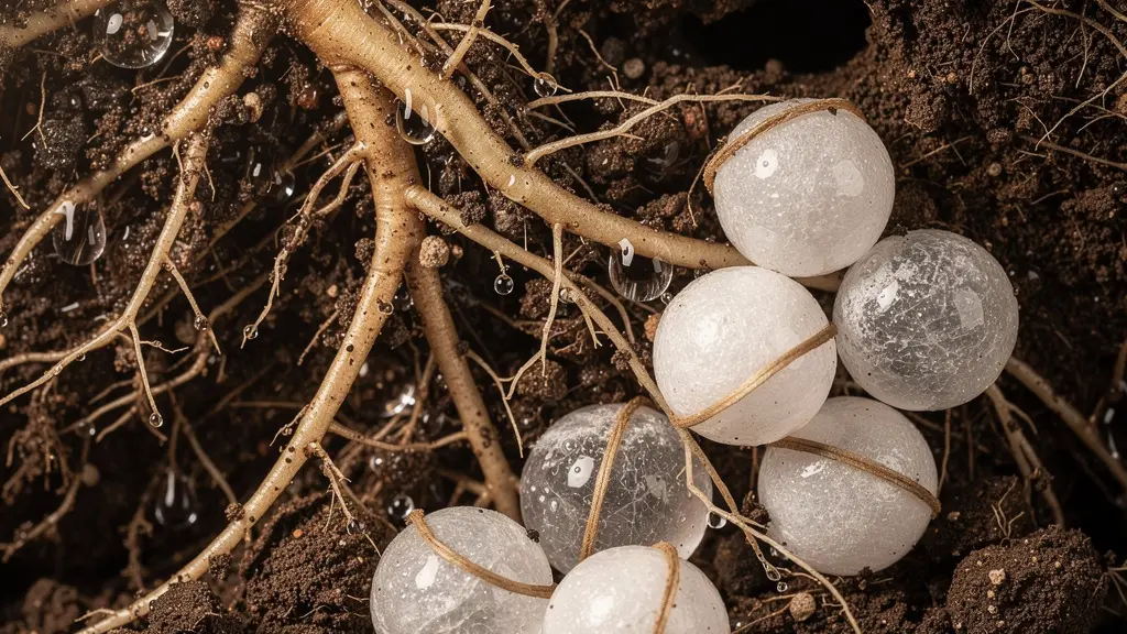 Vista macro de raíces de plantas entrelazadas con gránulos de fertilizante en suelo húmedo mostrando la absorción y pérdida de nutrientes