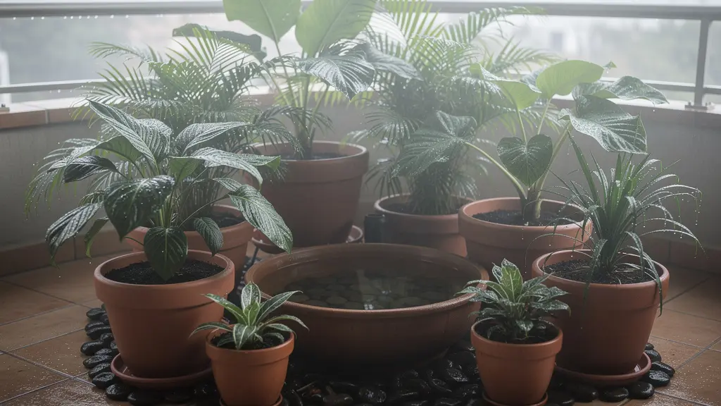 Grupo de macetas de diferentes tamaños creando un microclima húmedo en una terraza sombreada