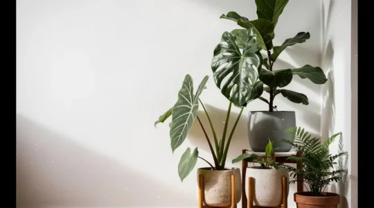 Plantas de interior con hojas grandes y brillantes bañadas por luz natural indirecta