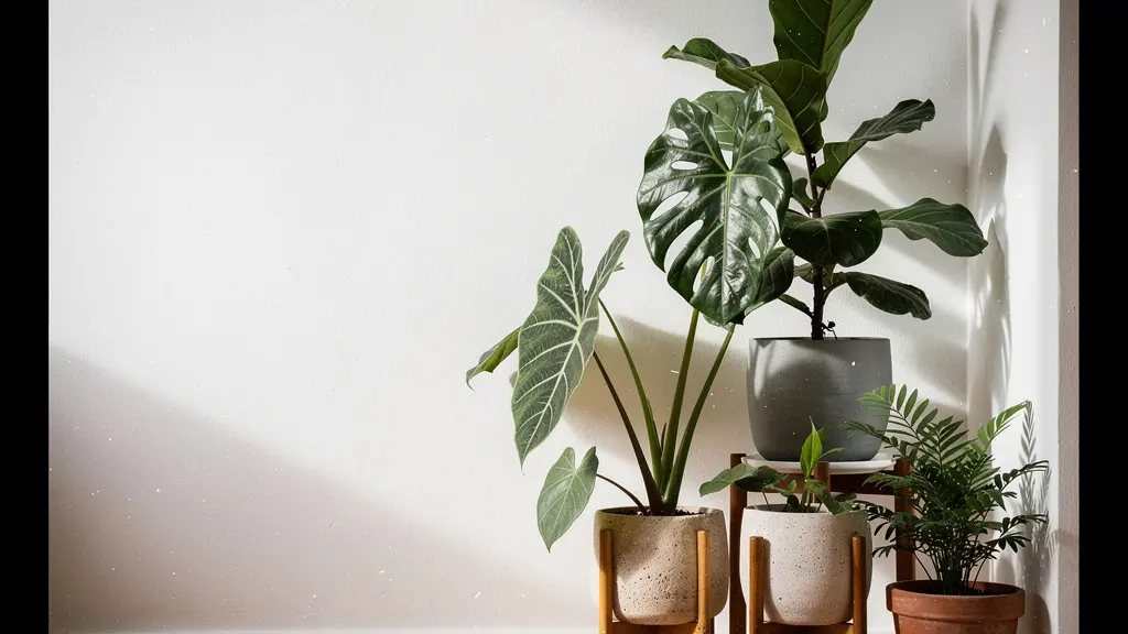 Plantas de interior con hojas grandes y brillantes bañadas por luz natural indirecta