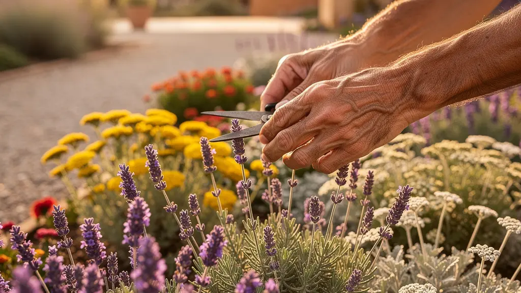 Composición de plantas xerófilas floreciendo en un vibrante jardín de grava de estilo mediterráneo