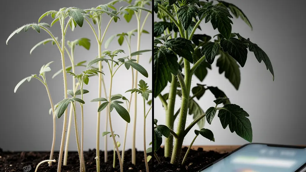 Comparación de plántulas de tomate: ahiladas por falta de luz vs robustas con luz adecuada