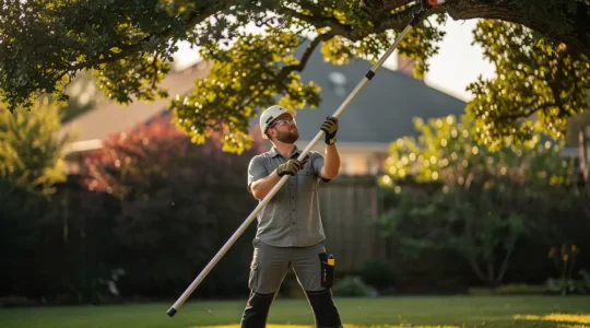 Jardinero profesional usando pértiga telescópica para podar ramas altas desde el suelo de forma segura