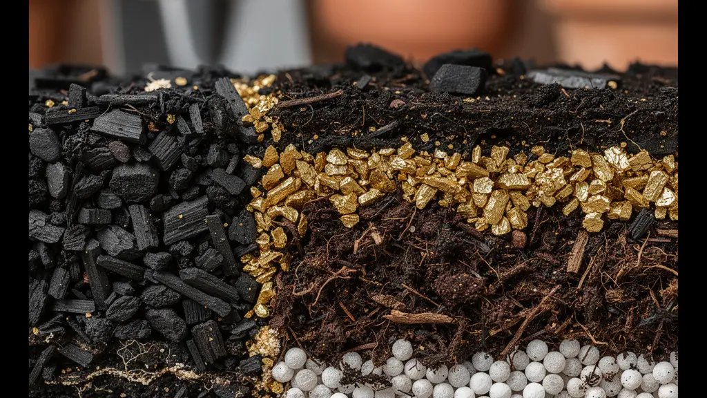 Corte transversal del suelo mostrando capas de materia orgánica y biochar para un jardín resiliente