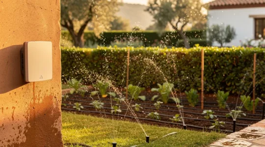 Configuración de un sistema de riego automático en jardín mediterráneo con programador digital