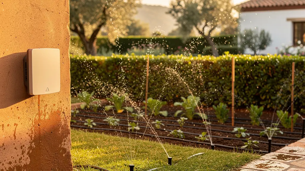 Configuración de un sistema de riego automático en jardín mediterráneo con programador digital