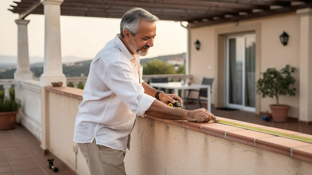 Propietario midiendo el ancho de su terraza con cinta métrica