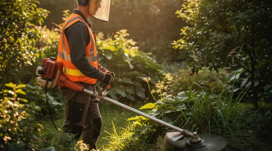 Trabajador con equipo de protección ocular completo usando desbrozadora en jardín