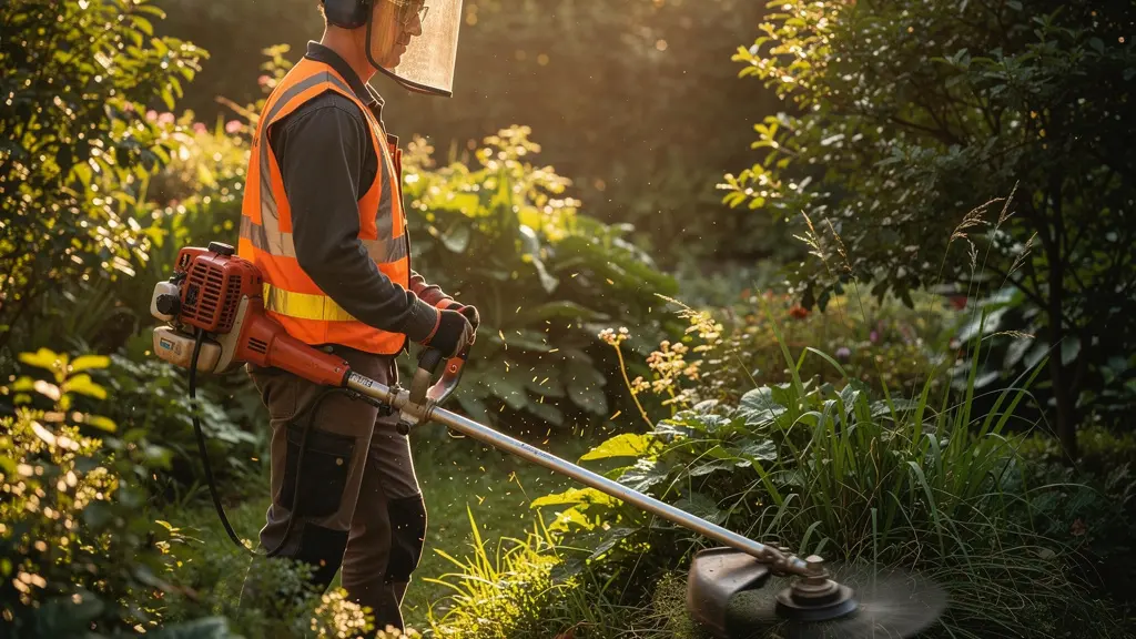 Trabajador con equipo de protección ocular completo usando desbrozadora en jardín