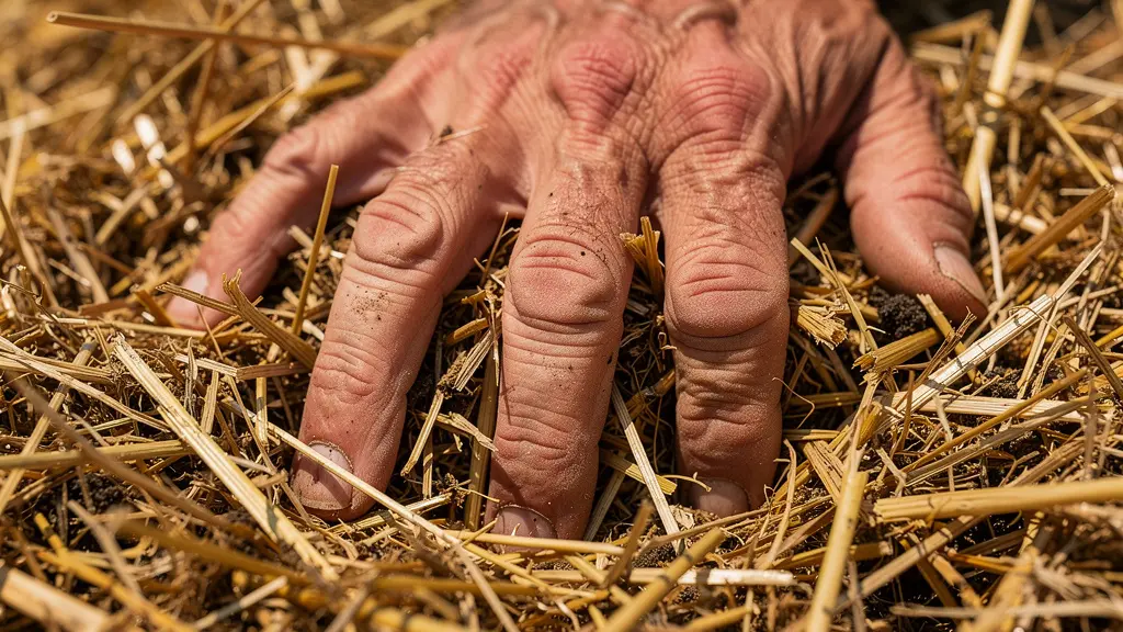 Mano hundiéndose en capa de paja para verificar la compactación del acolchado