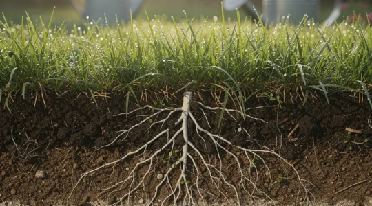 Sistema radicular profundo del césped penetrando capas del suelo
