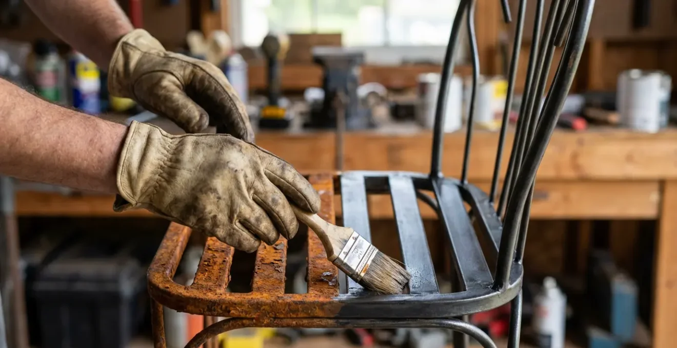 Proceso de restauración de silla de hierro oxidada para jardín