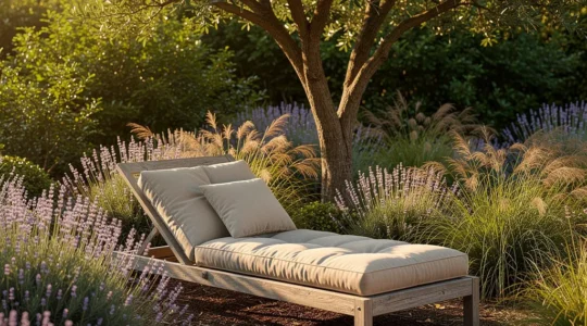 Espacio de lectura al aire libre en un jardín con hamaca y vegetación