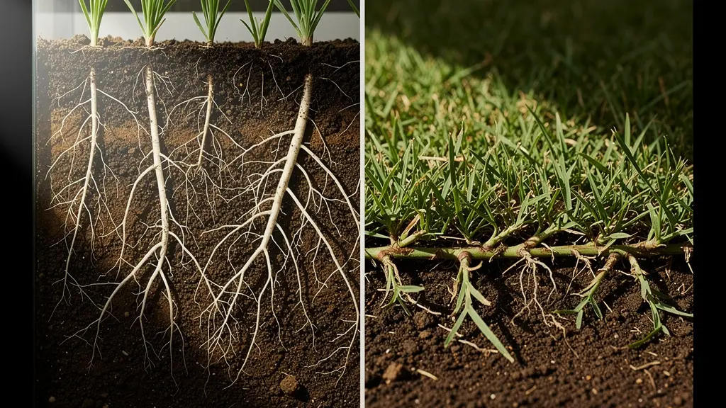 Comparación visual entre el crecimiento subterráneo por rizomas del Cynodon y el crecimiento superficial por estolones de la Zoysia.
