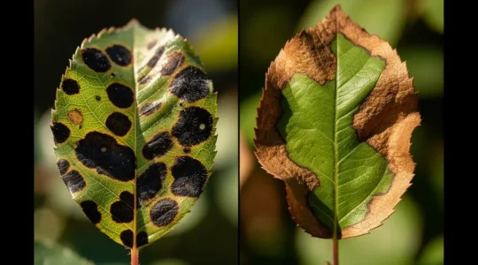 Detalle macro de hojas de rosal mostrando diferentes tipos de manchas negras para diagnóstico