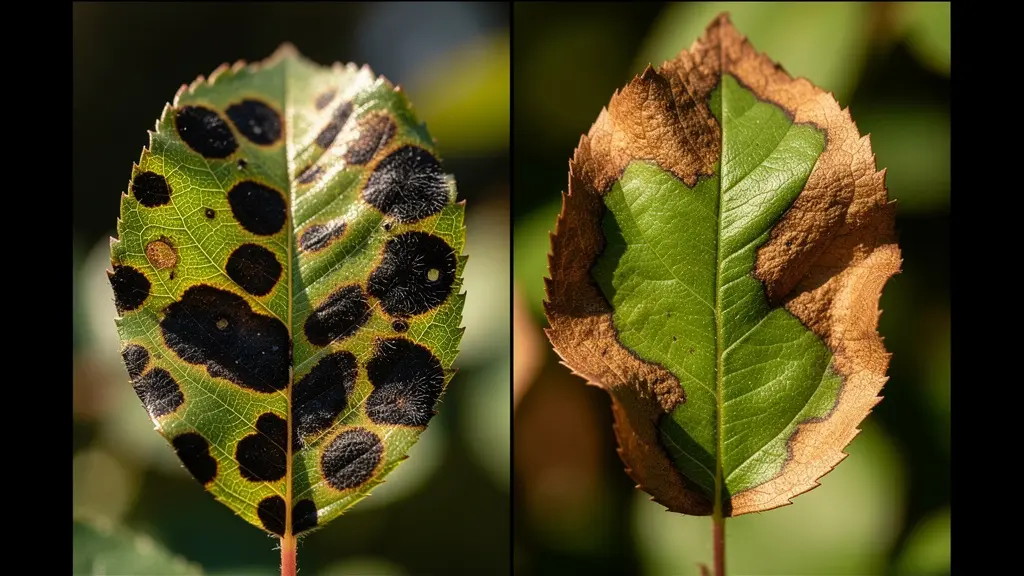 Detalle macro de hojas de rosal mostrando diferentes tipos de manchas negras para diagnóstico