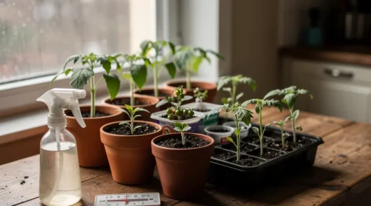 Plantones de tomate jóvenes en semilleros dentro de casa con luz natural de febrero