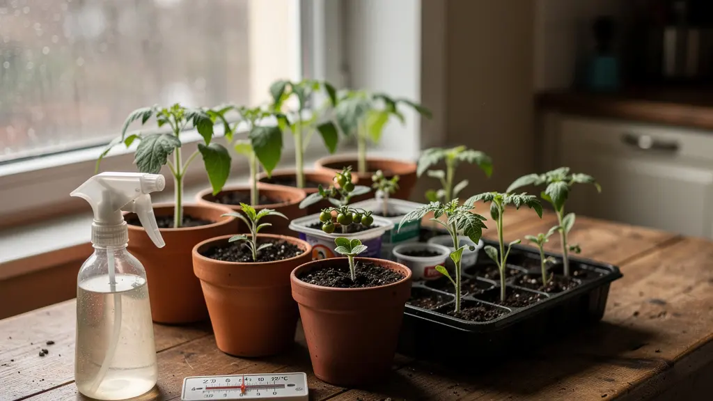 Plantones de tomate jóvenes en semilleros dentro de casa con luz natural de febrero