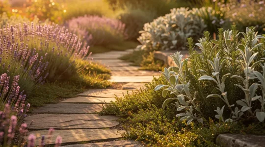 Sendero de jardín bordeado por plantas aromáticas mediterráneas con diferentes texturas y colores al atardecer