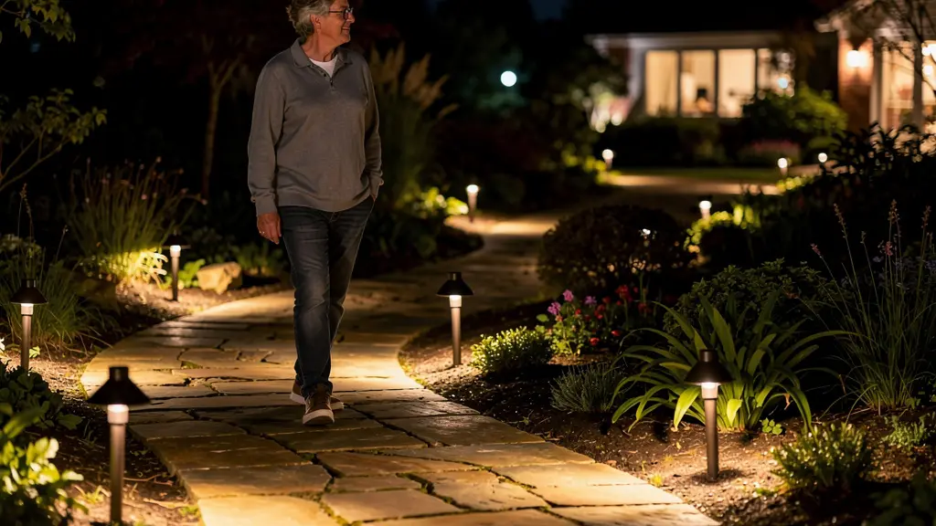Vista nocturna de sendero con balizas solares dispuestas en zigzag, creando pools de luz suave sin deslumbramiento