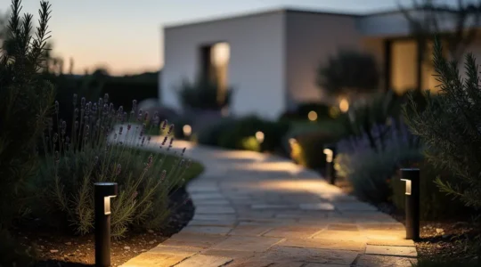 Sendero de jardín de 20 metros iluminado con balizas solares LED al atardecer, mostrando una distribución en zigzag de luces cálidas