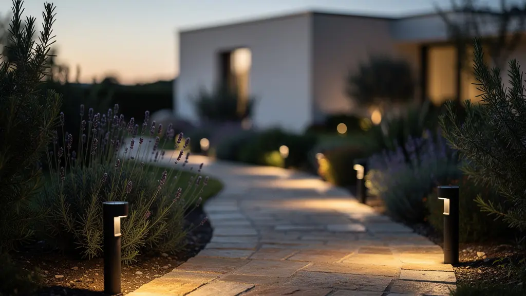 Sendero de jardín de 20 metros iluminado con balizas solares LED al atardecer, mostrando una distribución en zigzag de luces cálidas