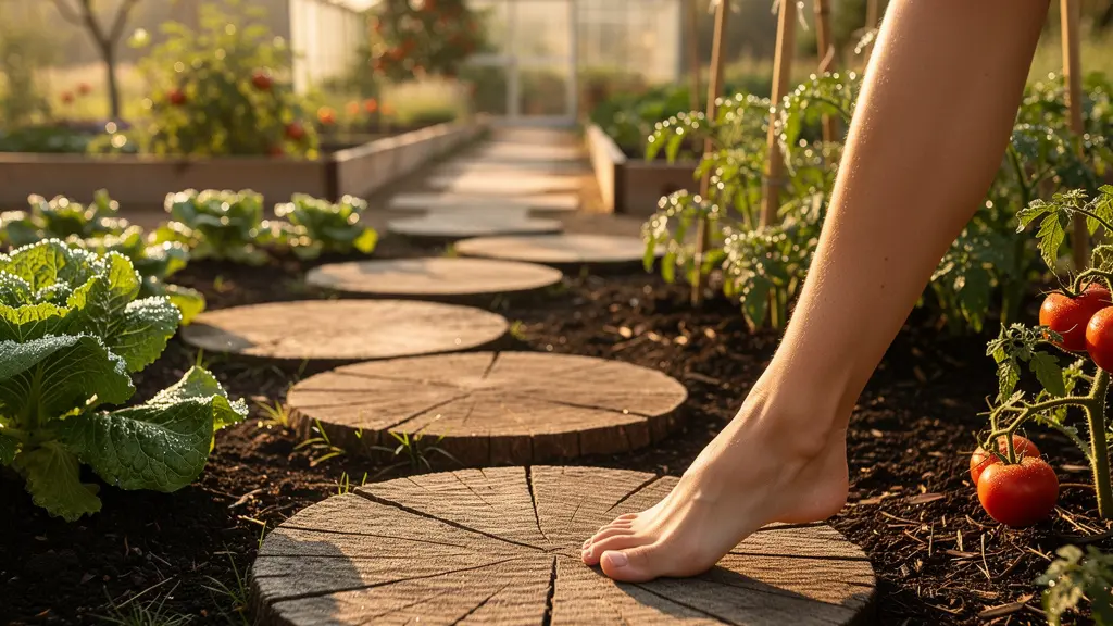 Camino de pasos japoneses serpenteando entre zonas de cultivo en un jardín orgánico, protegiendo el suelo.